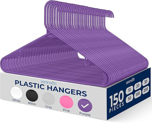 SereneLife 150-Piece Plastic Hangers Set Purple – Non-Slip, Heavy Duty Coat Hangers for Clothes, Space-Saving Durable Closet Organization with 5.5 lbs Weight Capacity Each