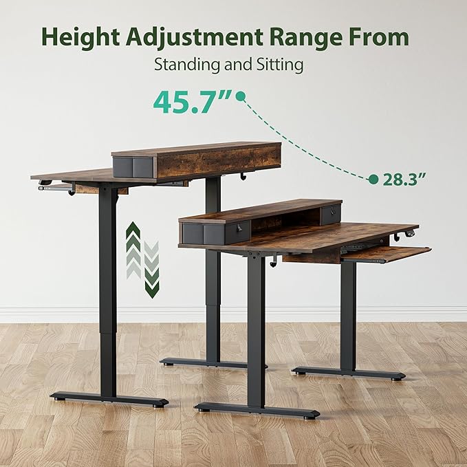 Agilestic Electric Standing Desk with 2 Drawers and Keyboard Tray, 55 x 24 Inches Ergonomic Adjustable Height Desk with Storage, Sit Stand up Computer Workstation, Rustic Brown