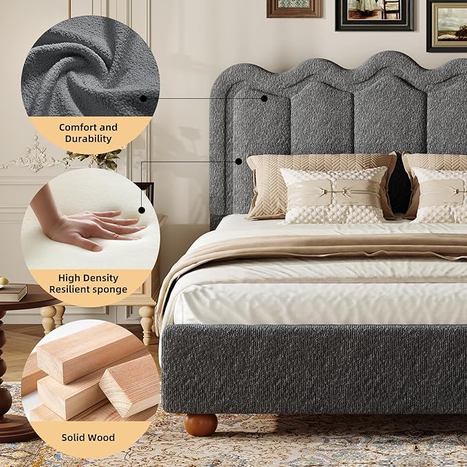Full Size Bed Frame with Headboard, Boucle Bed Frame, Soft Upholstered Platform Cloud Bedframe with Footboard, Solid Wood Legs, Solid Wooden Slats Support, No Box Spring Required, Easy Assembly, Grey