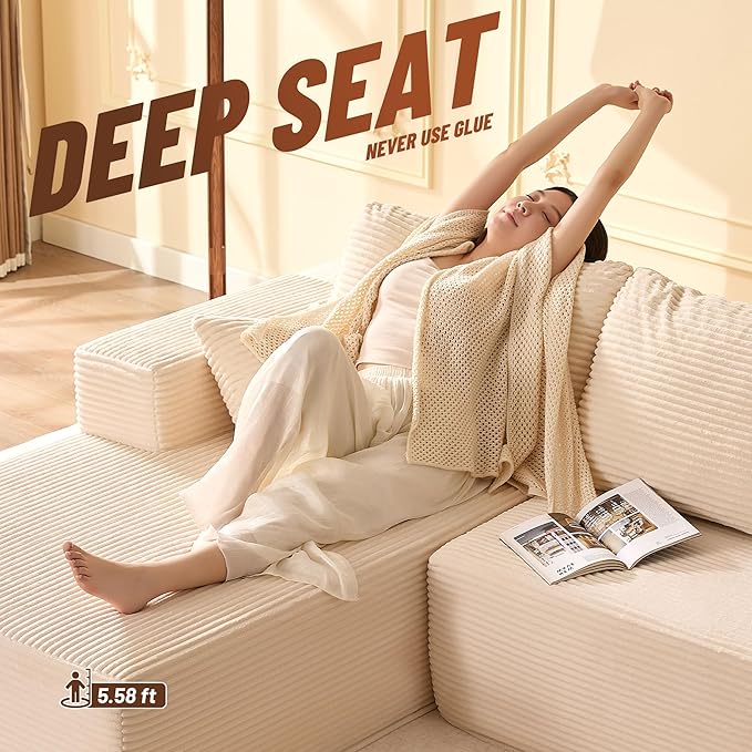 107" Boneless Couch with Deep Seat, Modular Sectional Sofa, Cloud Sectional Couch for Living Room, No Assembly Required, Corduroy, L-Shape Left?White