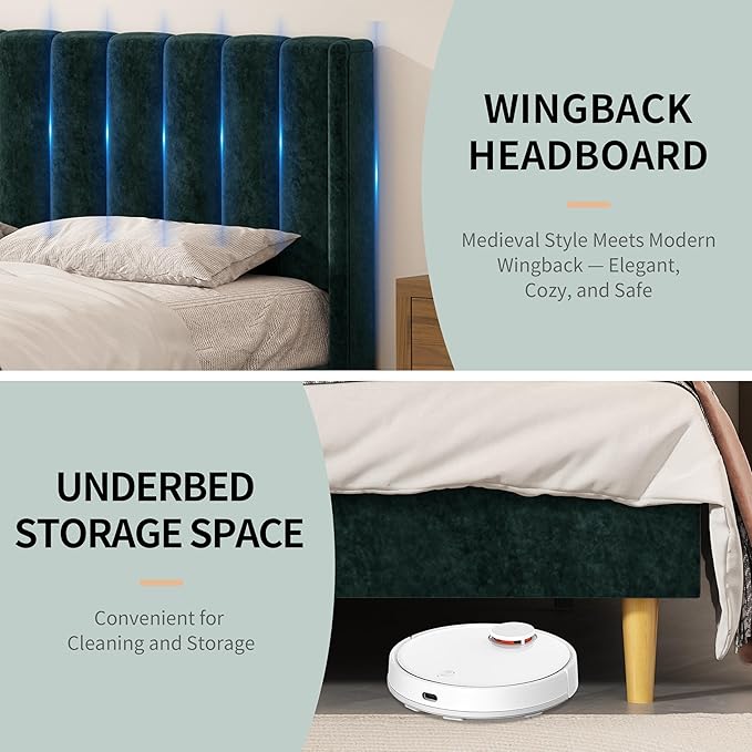 Twin Size Upholstered Platform Bed Frame with Modern Wingback & Vertical Panel Headboard, Velvet Fabric, Wooden Legs & Slats Support, No Box Spring Needed, Noise-Free & Easy Assembly, Ink Green