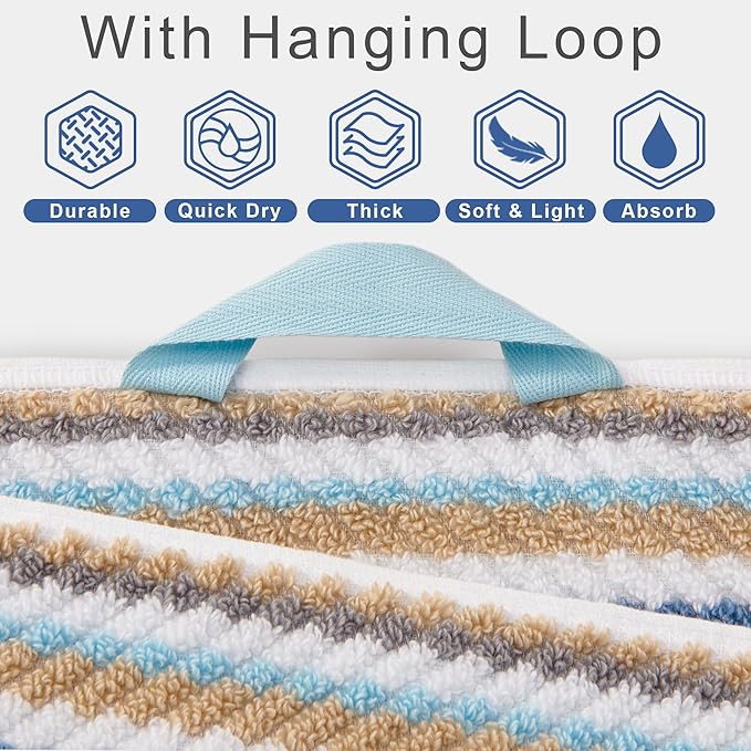 Striped Towels Set, 3PC Bathroom Towels - 100% Cotton | Quick Dry | Soft | Absorbent, 1 Bath 28"x52", 1 Hand 16"x27", 1 Face 13"x13", Luxury Bath Towels with Hanging loops, Blue+Gray+Beige Stripe