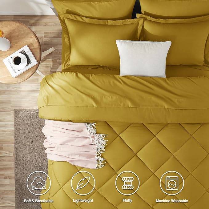 CozyLux Queen Comforter Set Mustard Yellow - Bed in a Bag Queen Size 7 Pieces, Luxury Soft Bed Set for All Seasons, Bedding Set with Down Alternative Comforter, Sheets, Pillowcases & Shams