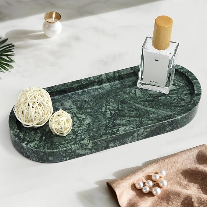100% Natural Marble Vanity Tray for Bathroom, Luxury Indian Green Decorative Marble Oval Trays for Bathroom Countertop Storage Organizer, Vanity Dresser Kitchen Home Decor, 10.2" x 4.3", Green