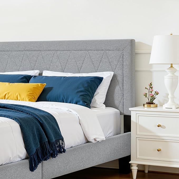 Hokway Bed Frame Upholstered Platform Bed with Headboard Wooden Slat Support No Box Spring Needed(Queen, Light Gray)