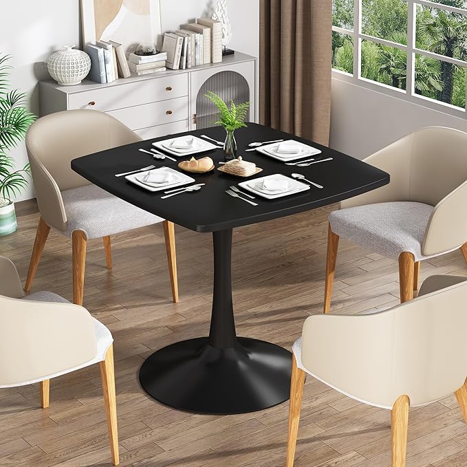 Recaceik Square Dining Table for 2-4 Person, 32 Inches Tulip Kitchen Table with Pedestal Base for Kitchen & Dining Room, Mid-Century Modern in Tulip w/0.71" Thickened Desktop, Black