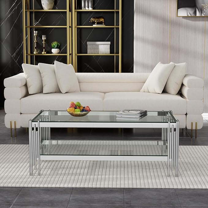 Goujxcy Modern Glass Coffee Table 47" Silver Center Table with Tempered Glass Top and Mirror Finish Stainless Steel Legs, Luxury Rectangular Coffee Table for Living Room Apartment (Silver)