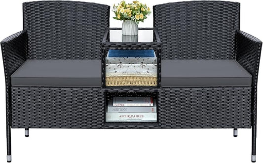 Greesum Patio Loveseat Outdoor Wicker Furniture Conversation Set with Soft Cushions & Built-in Coffee Table for Lawn Garden Backyard, Gray