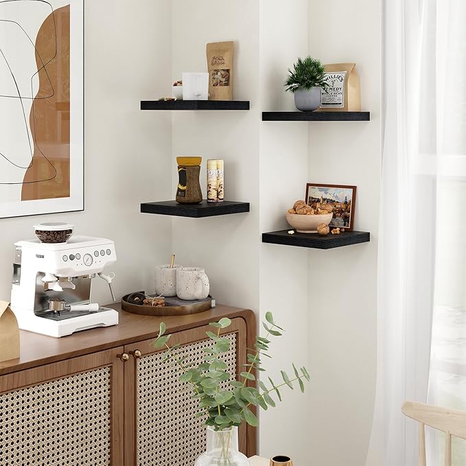 Fun Memories Floating Shelves for Wall - 9.3 Inch Square Shelves with Invisible Brackets, Black Small Wall Shelf for Living Room, Bathroom, Bedroom, and Kitchen Decor，Set of 4