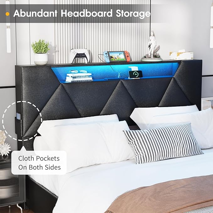 Vabches Full Bed Frame with Storage Headboard and 4 Drawers,Upholstered Platform with Charging Station and Led Lights,Adjustable Headboard with Pu Leather,No Box Spring Needed,Black