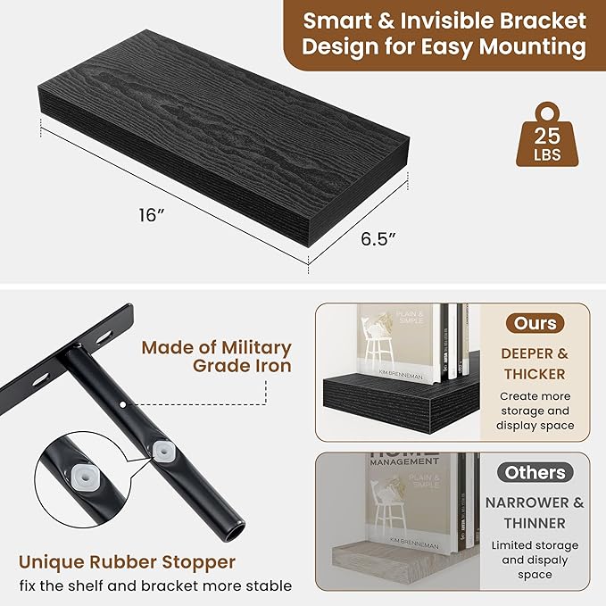 fuqing Floating Shelves for Wall, Wall Mounted Wood Floating Shelf with Invisible Brackets for Living Room, Bathroom, Bedroom, Kitchen Storage and Decor, 16 Inch Set of 2, Black