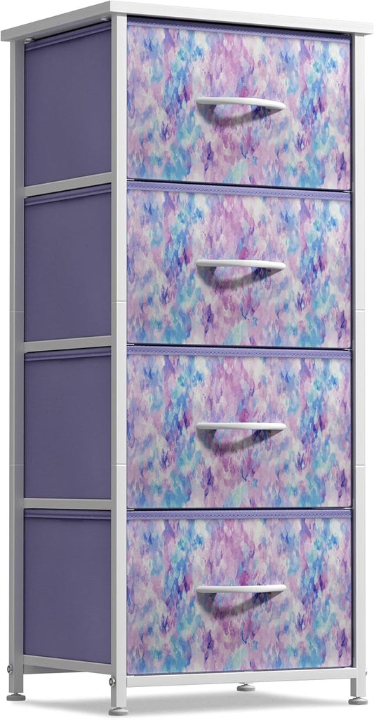 Sorbus Dresser Storage Tower, Organizer Drawers For Closet Boys & Girls Bedroom Bedside Furniture, Chest for Home, College Dorm, Steel Frame, Wood Top, Tie-dye Fabric Bins (4-Drawer, Blue/Pink/Purple)