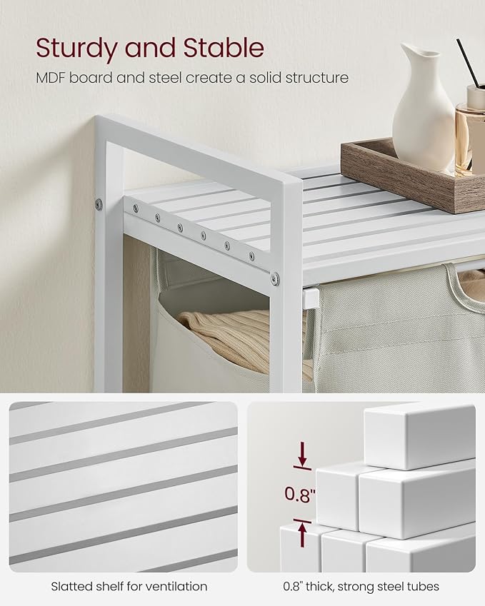 VASAGLE Laundry Hamper, Laundry Basket, Laundry Sorter with A Pull-Out and Removable Bag, Shelf, Metal Frame, 17.2 Gallons (65 L), 19.7 x 13 x 28.4 Inches, Cream White and Cloud White UBLH101W01