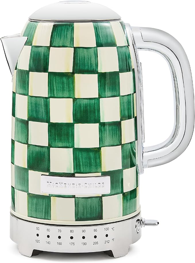 MACKENZIE-CHILDS Electric Kettle, Stainless-Steel Tea Kettle, Green-and-White Emerald Check