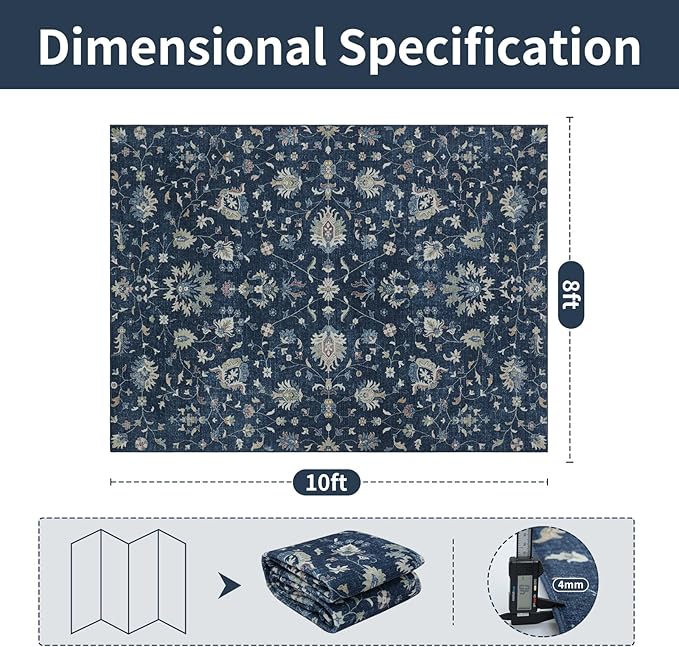 Washable Rugs 8x10 Area Rugs for Living Room,Bedroom,Dining Room- Soft Low Pile Stain-Resistant Carpet with Non-Slip Rubber Backing,Vintage Large Area Rug for Nursery Home Office Decor