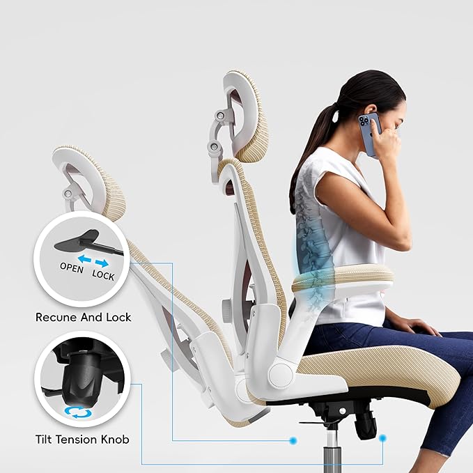 Office Home Ergonomic Desk Chair-Computer X-Shaped Chair Mesh PU Leather with Adjustable Lumbar Support-Executive Chair High Back with Headrest Flip-Up Arms for Long Hours (Khaki)