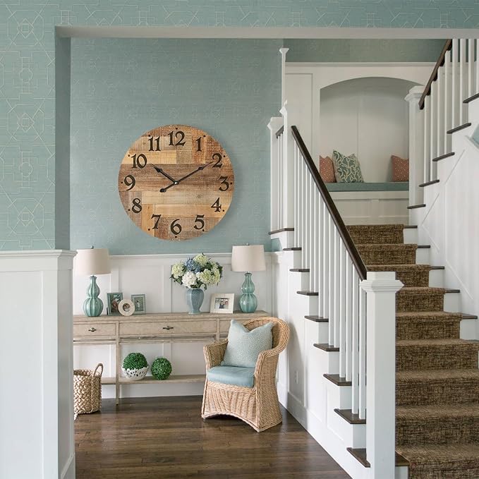 24 Inch Silent Large Wall Clock Battery Operated for Farmhouse Kitchen,Non-Ticking Retro Wall Clock with Big Numbers for Living Room,Vintage Wood Clock for Bedroom Home Country Office School