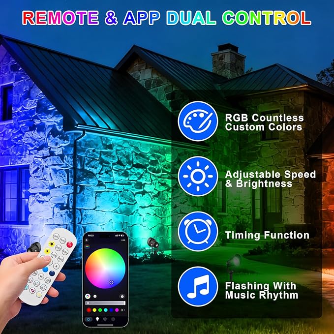 RGB Color Changing Landscape Spotlights Outdoor, Low Voltage LED Landscape Lighting with Remote/APP Control, IP65 Waterproof Outdoor for Yard Garden Pathway Christmas Halloween, 4 Pack