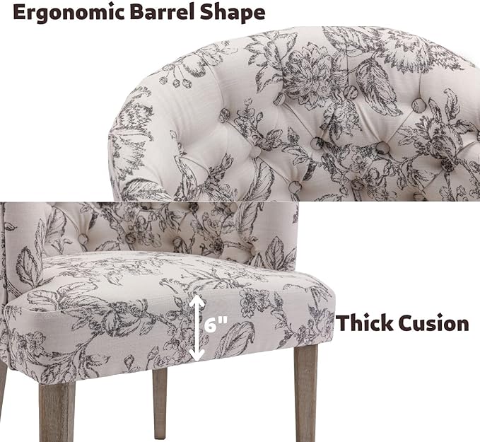 DUOMAY Modern Tufted Dining Chairs Set of 2, Linen Upholstered Side Chair, Comfy Accent Barrel Chair with Wood Legs for Home Kitchen Dining Room Living Room Restaurant, Beige Flower Pattern