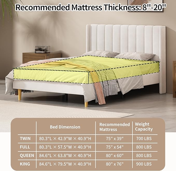 Full Size Upholstered Platform Bed Frame with Modern Wingback & Vertical Panel Headboard, Velvet Fabric, Wooden Legs & Slats Support, No Box Spring Needed, Noise-Free & Easy Assembly, Cream
