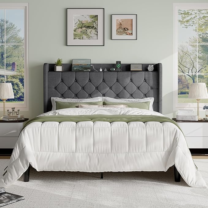 SHA CERLIN Queen Platform Bed Frame with Charging Station, Velvet Wingback Headboard with Storage Shelf, Wooden Slats Support, Ample Under-Bed Space, No Box Spring Needed, Easy Assembly, Dark Grey
