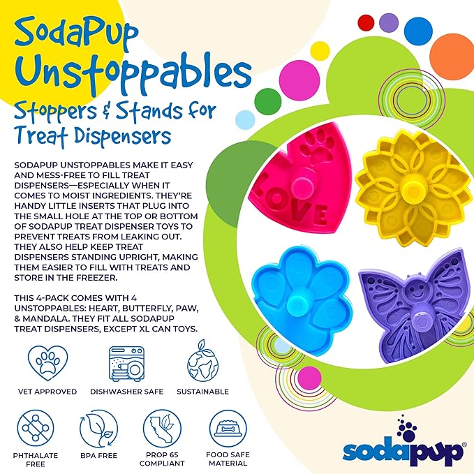 SodaPup Unstoppables – Stoppers & Stands for Treat Dispensers Made in USA from Non-Toxic, Pet Safe, Food Safe Nylon Material to Make Filling Treat Dispensers Easy & Mess-Free – 4 Pack