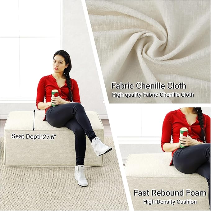 38“ Modular Sectional Sofa Convertible Cube Compressed Couch Seat Set, Combine L-Shaped U-Shaped, Free Assembly, Space-Saving for Living Room, Thick Foam Fabric Chenille Beige White (Only Ottoman)