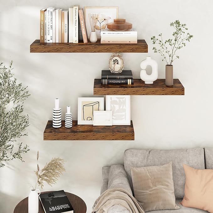 Floating Shelves for Wall, 30" W x 12" D x 2" H, 2 Pack of Long Wall Mounted Engineered Wood Shelves with Invisible Brackets for Living Room, Bedroom, Bathroom, Kitchen Decor, Brown