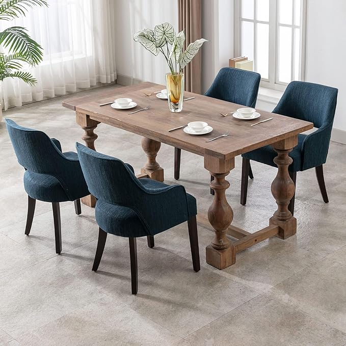 Linen Dining Chairs Set of 4 Upholstered Farmhouse Kitchen Chair Accent Chairs Side Chair with Wood Legs for Living Room/Dining Room/Bedroom/Restaurant, Blue