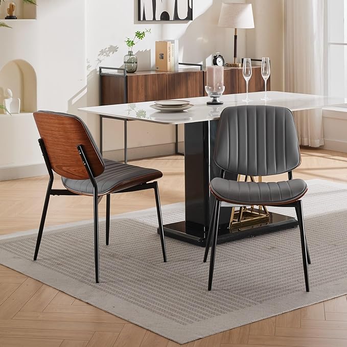 Dining Chairs Set of 4, Mid Century Modern Accent Dining Room and Kitchen Chairs, Upholstered PU Leather Vertical Stripe Chairs for Vanity with Walnut Bentwood and Metal Legs, Gray