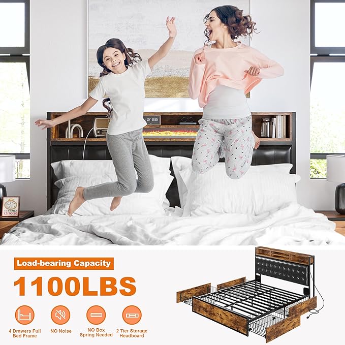 EnHomee Full Bed Frame with 4 Storage Drawers and Headboard Upholstered Bed Frame Full Size with Charging Station, No Noise, Metal Support, No Box Spring Needed,Vintage Brown