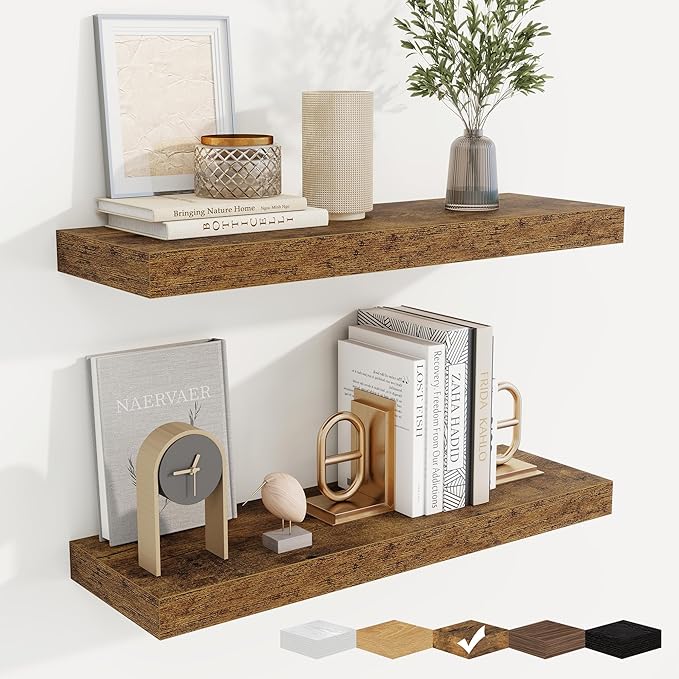 fuqing Floating Shelves for Wall, Wall Mounted Wood Floating Shelf with Invisible Brackets for Living Room, Bathroom, Bedroom, Kitchen Storage and Decor, 24 Inch Set of 2, Rustic Brown