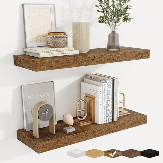 fuqing Floating Shelves for Wall, Wall Mounted Wood Floating Shelf with Invisible Brackets for Living Room, Bathroom, Bedroom, Kitchen Storage and Decor, 24 Inch Set of 2, Rustic Brown