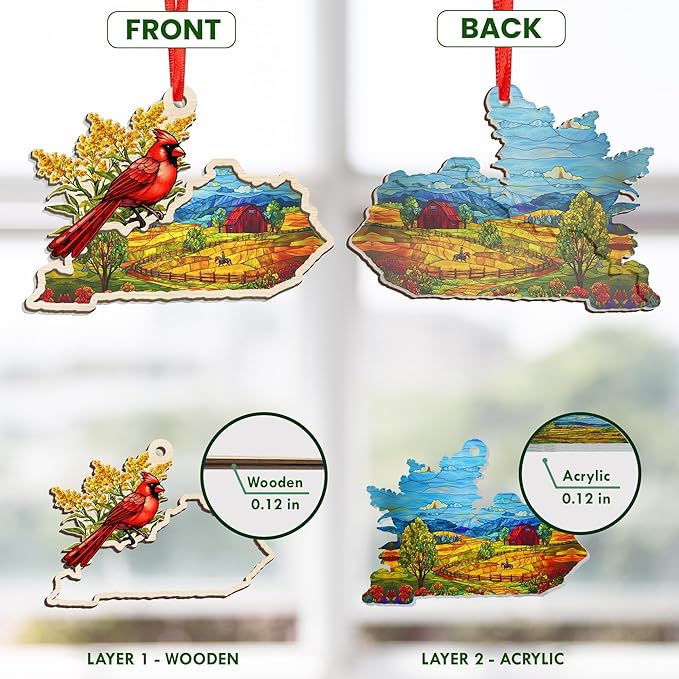 FLAGWIX Christmas Kentucky Gifts for Women Men - Suncatcher Ornaments 2025 for Xmas Decorations - Kentucky Ornament Christmas Decorations, Goldenrod Flowers and Northern Cardinal Xmas Ornaments Gifts