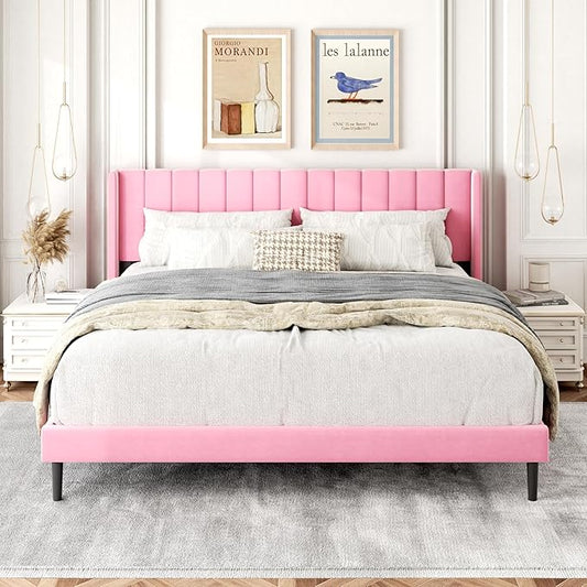 King Size Bed Frame with Wingback Headboard, Upholstered Platform Bed, No Box Spring Needed, Sturdy Wooden Slat Support, Easy Assembly, Pink