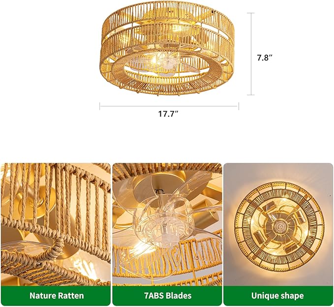 Boho Caged Ceiling Fan with Lights Flush Mount,17.7" Rattan fandelier Ceiling Fan with Remote Control,Layered Farmhouse Low Profile 6 Speeds for Bedroom,Living Room,Kitchen,Dining Room