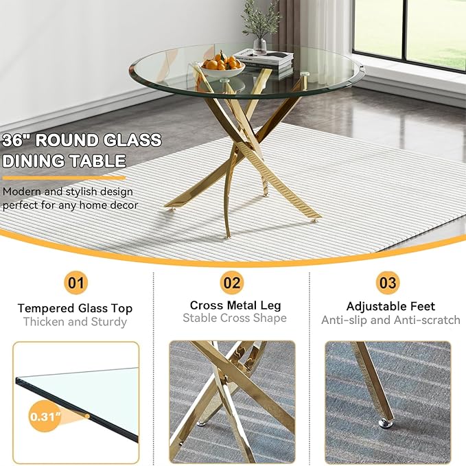 Goujxcy Small Round Dining Table Set for 4, Modern Glass Kitchen Table Chairs Set of 4, 5-Piece Dining Table Set w/36 Circle Gold Glass Dining Room Table and 4 Grey Upholstered Dining Chairs