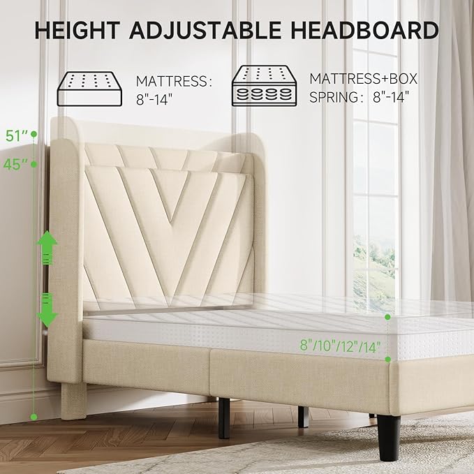 koorlian Twin Size Bed Frame with Headboard, Adjustable Upholstered Platform Bed Frame with Type-C&USB Ports for Kids, Wingback Storage Headboard, Solid Wood Slats Support, No Box Spring Needed, Beige