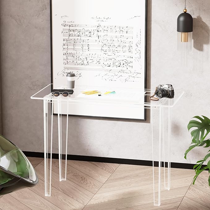 Acrylic Desk - Modern Study Table for Home Office, Extended Surface Multi-Purpose Console & Entryway Table, Sturdy Lightweight Design, Transparent Workstation for Small Spaces（Transparent-M）