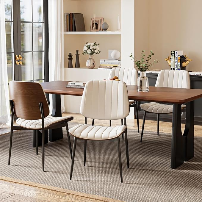 Modern Green Leather Dining Chair Set of 4, Bentwood Backrest & Black Metal Frame Ergonomic Comfort, Sustainable Style, Multi-Space Versatile, Beige