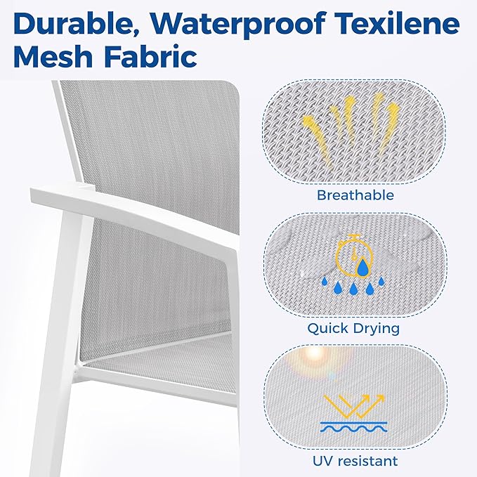 5 Piece Aluminum Outdoor Patio Dining Sets with Fully Assembled Dining Chair，91.3"L×39.4"W Expandable Patio Table and Chairs Set for 4, Stackable Chairs with Quick Drying Fabric, White