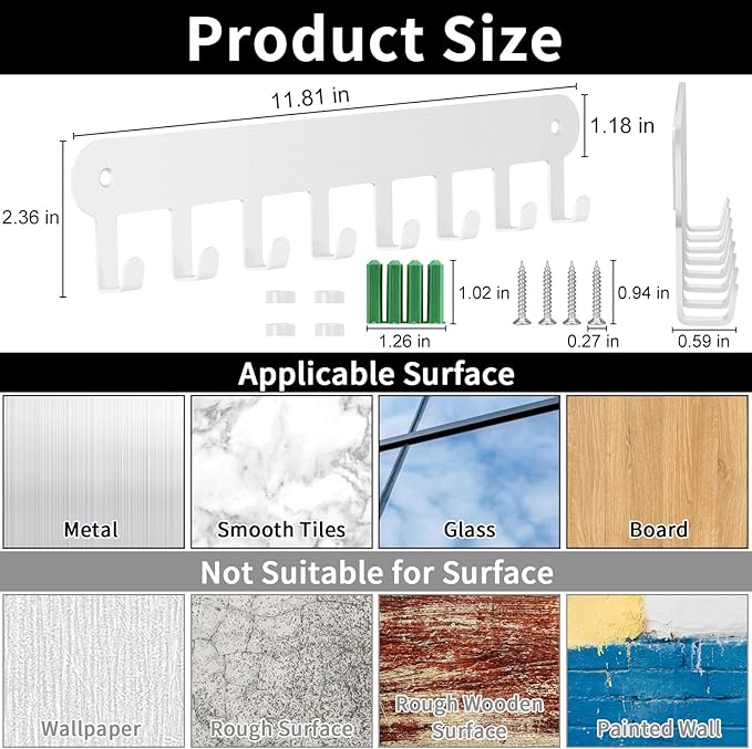 2 Pack Key Holder Wall Mount, Wall Mount Key Holder, Key Hooks Hanging Keys, Key Hanger with 8 Hooks, No-Drill Decorative White Key Rack for Living Room, Kitchen, or Bathroom