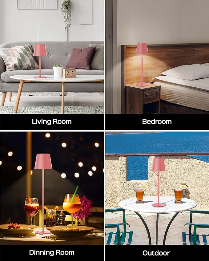 Cordless Table Lamps Rechargeable, 3 Adjustable Height, 5000mAh Battery Operated, 3 Colors Smooth Dimming, Portable LED Waterproof Table Lamp for Dining, Bedroom, Outdoor (2 Pack-Girly Pink)