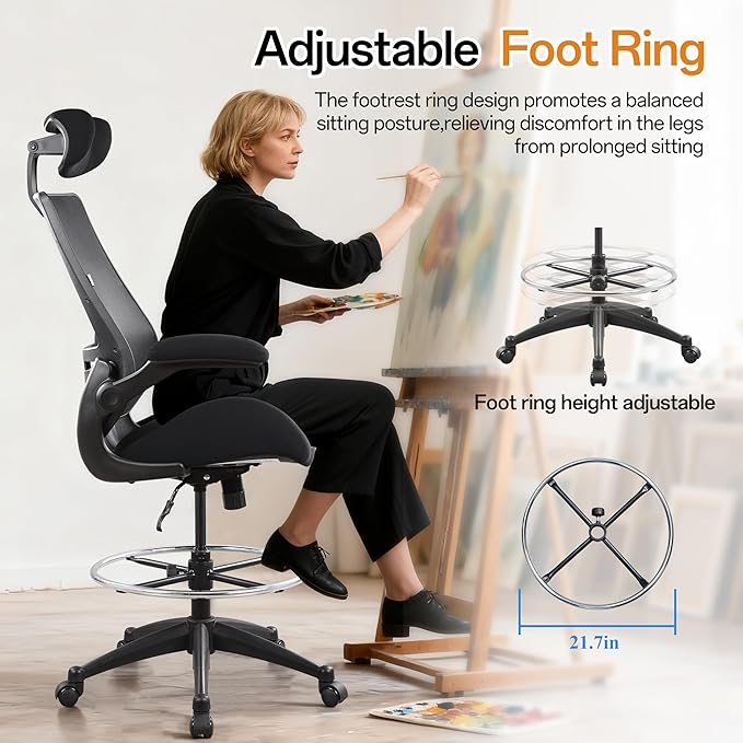 BOLISS 400lbs High Back Wide Comfortable Office Drafting Chair with Flip up Armrests Lumbar Support Adjustable Big Footrest Ring(Black)