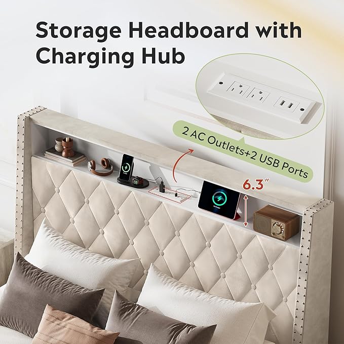 WLIVE Queen Size Upholstered Bed Frame with Storage Headboard, Velvet Square Tufted Platform Bed with Charging Station, Sturdy Metal & Wooden Slats Support, No Box Spring Needed, Beige