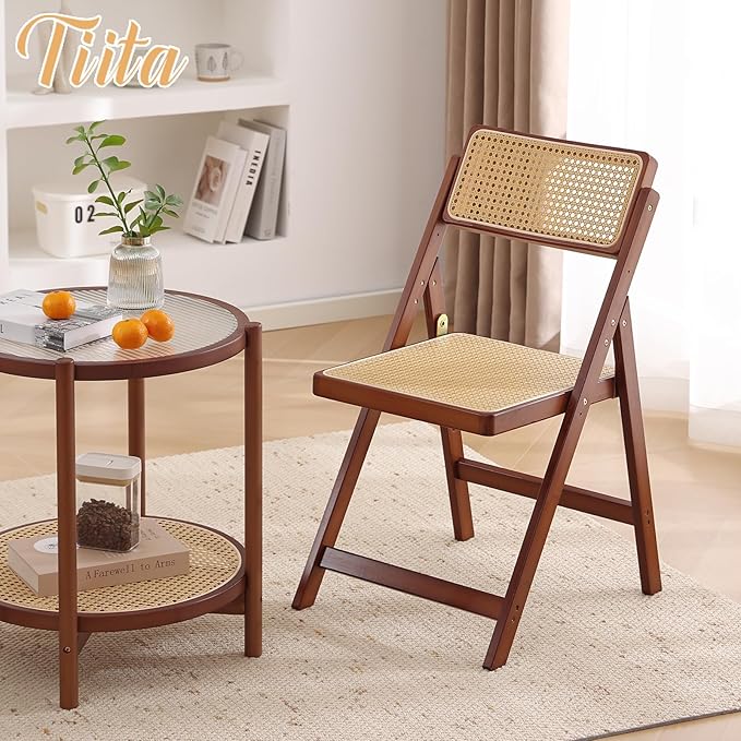 Tiita Rattan Dining Chairs Set of 1, Mid Century Modern Folding Chair, Bamboo Folding Dining Chairs for Small Space, Dining Room, Living Room, Bedroom, Walnut
