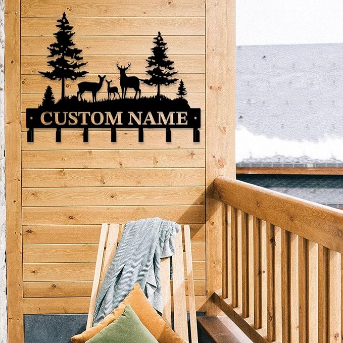 Personalized Custom Name Forest Deer Wall Keys Hooks,Metal Forest Deer Art Clothes Hooks,Metal Forest Deer Wall Home Storage Decorative,For Front Door, Hallway, Kitchen, Bedroom,Keys,Hats (Style I)