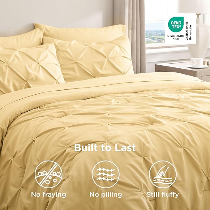 Bedsure Twin Comforter Set Yellow - Bed in a Bag Twin Size Bedding 5 Pieces, GentleSoft™ Pintuck Bed Set Gift for Family, Pinch Pleat Yellow Comforter with Sheets, Pillowcase & Sham
