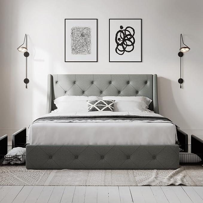 Allewie Full Size Bed Frame with 4 Storage Drawers and Wingback Headboard, Button Tufted Design, No Box Spring Needed, Light Grey
