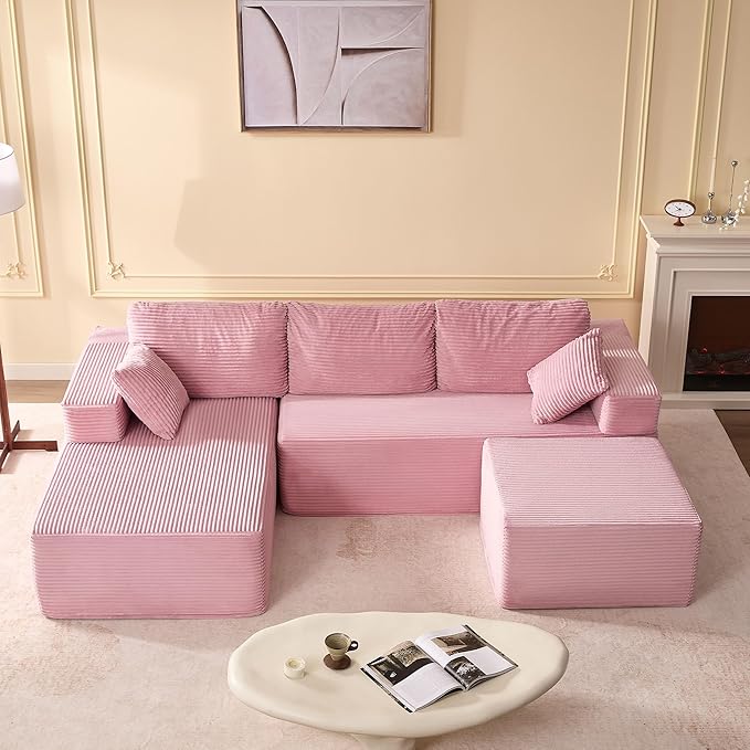 107" Boneless Couch with Deep Seat, Modular Sectional Sofa, Cloud Sectional Couch for Living Room, No Assembly Required, Corduroy, U-Shape 3 Seater Left, Pink